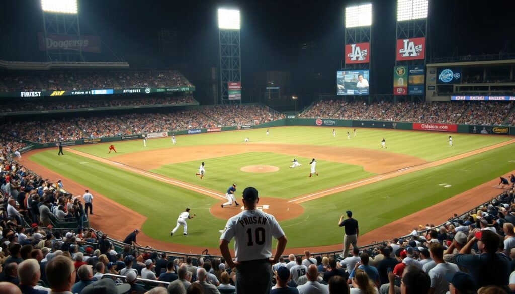 A dramatic baseball game unfolds as the Pittsburgh Pirates clash with the Los Angeles Dodgers. The camera captures the intense action on the field, with players diving for ground balls and launching towering fly balls. In the foreground, the umpire stands alert, ready to make the crucial calls. The middle ground is filled with the cheering crowds, their faces a mix of elation and despair as the tide of the game shifts. In the background, the stadium's towering lights cast an atmospheric glow, illuminating the players' every move. The image is imbued with a sense of urgency and high-stakes drama, as the two teams battle for victory in this thrilling showdown.