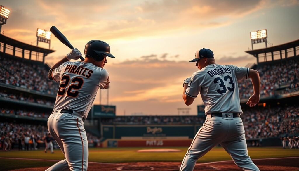 A dynamic baseball stadium at dusk, the field bathed in golden light. In the foreground, two baseball players from opposing teams - the Pirates and the Dodgers - locked in an intense standoff, their bodies coiled with anticipation. The batter leans forward, bat poised, eyes narrowed in concentration. The pitcher, a power stance, wind-up already in motion. Spectators fill the stands, their faces a blur of excitement. The atmosphere crackles with the thrill of the game-changing moment, the outcome still uncertain. Dramatic chiaroscuro lighting casts dramatic shadows, highlighting the athletes' intensity and determination. Capture the drama, the skill, the energy of this pivotal showdown between two elite teams.