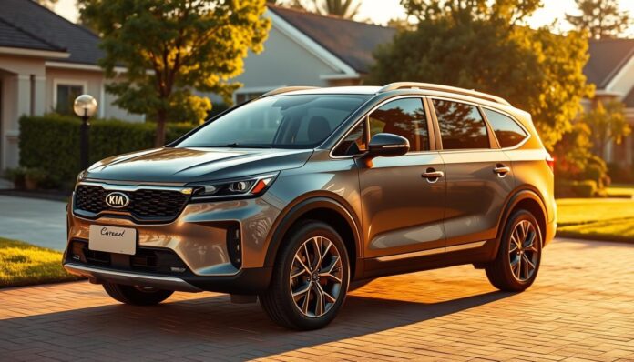 A sleek, modern 7-seater SUV parked in a suburban driveway, bathed in warm, golden afternoon light. The Kia Carens 2025 model stands proud, its aerodynamic body lines and distinctive grille creating an imposing yet graceful presence. The vehicle is captured from a low angle, emphasizing its size and impressive stance. In the background, a tranquil residential neighborhood with lush greenery provides a serene backdrop. The image conveys a sense of practical family utility combined with a touch of upscale sophistication, reflecting the Carens' positioning as a premium offering in the affordable 7-seater segment.