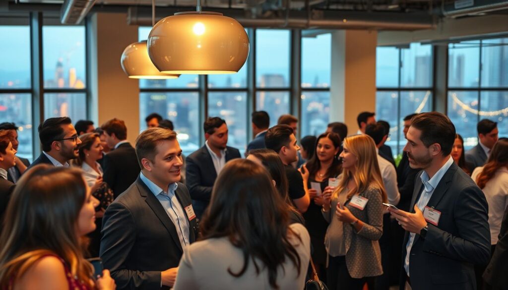 A bustling networking event in a chic, modern co-working space. In the foreground, a group of well-dressed Gemini professionals engage in lively conversation, their expressions animated and their body language open. In the middle ground, others mingle and exchange business cards under the warm glow of sleek pendant lights. The background showcases floor-to-ceiling windows overlooking a vibrant city skyline, hinting at the broader financial opportunities awaiting these Gemini networkers. The overall scene conveys an air of dynamism, creativity, and infinite possibilities for Gemini's growth in the financial sector. A bustling networking event in a chic, modern co-working space. In the foreground, a group of well-dressed Gemini professionals engage in lively conversation, their expressions animated and their body language open. In the middle ground, others mingle and exchange business cards under the warm glow of sleek pendant lights. The background showcases floor-to-ceiling windows overlooking a vibrant city skyline, hinting at the broader financial opportunities awaiting these Gemini networkers. The overall scene conveys an air of dynamism, creativity, and infinite possibilities for Gemini's growth in the financial sector.