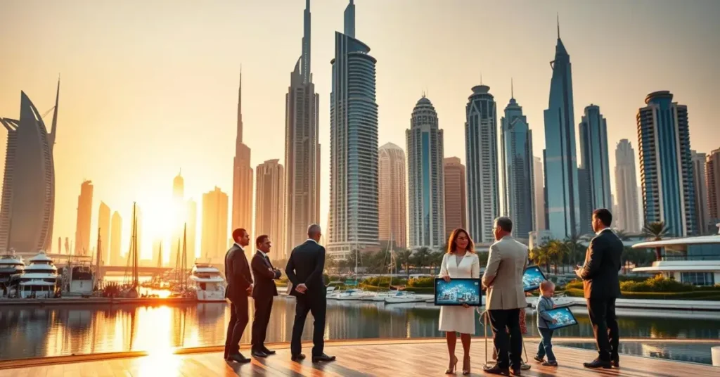 A sleek, modern cityscape of Dubai's iconic skyscrapers and luxurious residential towers, bathed in warm golden light and reflected in the shimmering waters of a marina. In the foreground, a group of well-dressed individuals discuss investment opportunities, surrounded by glossy brochures and tablet displays showcasing exclusive real estate developments. The middle ground features lush, manicured landscapes and elegant, contemporary architecture, while the background is dominated by the silhouettes of towering skyscrapers against a vibrant, hazy sky. The overall scene conveys an atmosphere of wealth, sophistication, and lucrative real estate investment possibilities.