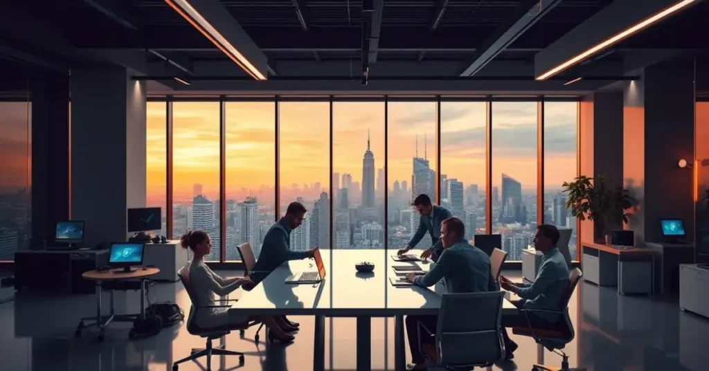 A sleek, modern office workspace with clean lines and minimalist design. In the foreground, a group of professionals collaborating around a stylish conference table, deeply engaged in discussing creative applications for Grok4 software. Large windows in the background offer a panoramic view of a vibrant city skyline, bathed in warm, natural lighting. Subtle accent lighting highlights the state-of-the-art technology and equipment scattered throughout the space. An atmosphere of focused innovation and productivity permeates the scene, conveying the transformative impact of Grok4 in driving real-world solutions across diverse industries.