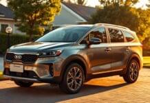 गरीब और मिडिल क्लास के लिए वरदान! आ गई 7 सीटर Kia Carens 7 seater 2025, देती है 35kmpl माइलेज A sleek, modern 7-seater SUV parked in a suburban driveway, bathed in warm, golden afternoon light. The Kia Carens 2025 model stands proud, its aerodynamic body lines and distinctive grille creating an imposing yet graceful presence. The vehicle is captured from a low angle, emphasizing its size and impressive stance. In the background, a tranquil residential neighborhood with lush greenery provides a serene backdrop. The image conveys a sense of practical family utility combined with a touch of upscale sophistication, reflecting the Carens' positioning as a premium offering in the affordable 7-seater segment.